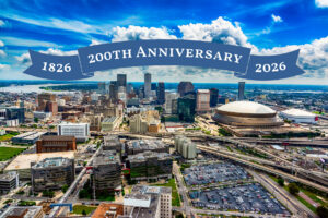 New Orleans Skyline with Banner that has the dates 1826 - 2026, 200th anniversary